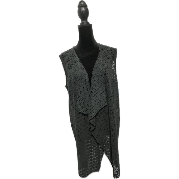 Soft Surroundings Women's Black‎ Sleeveless Laser Cut Draped Open Long Vest L - Picture 1 of 7